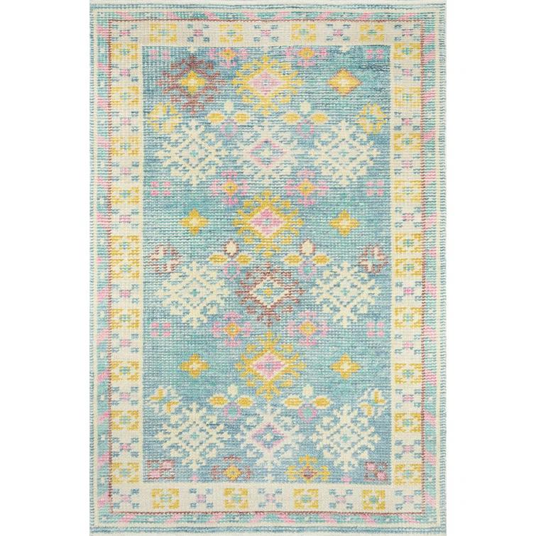 2'x3' Ophelia Accent Rug Ivory/Aqua Green - Momeni: Handmade Wool & Cotton, Bohemian Geometric, Medium Pile Rug