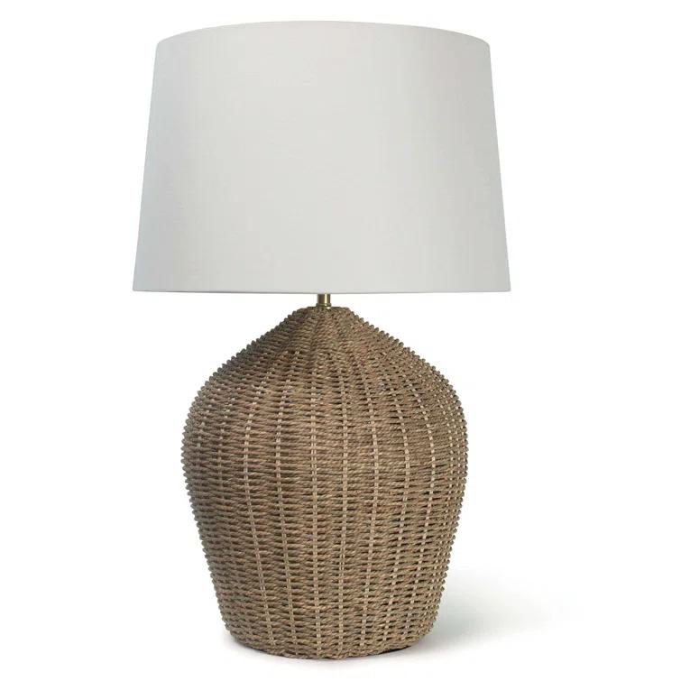 Seaside Natural Woven Rattan Table Lamp with White Linen Shade