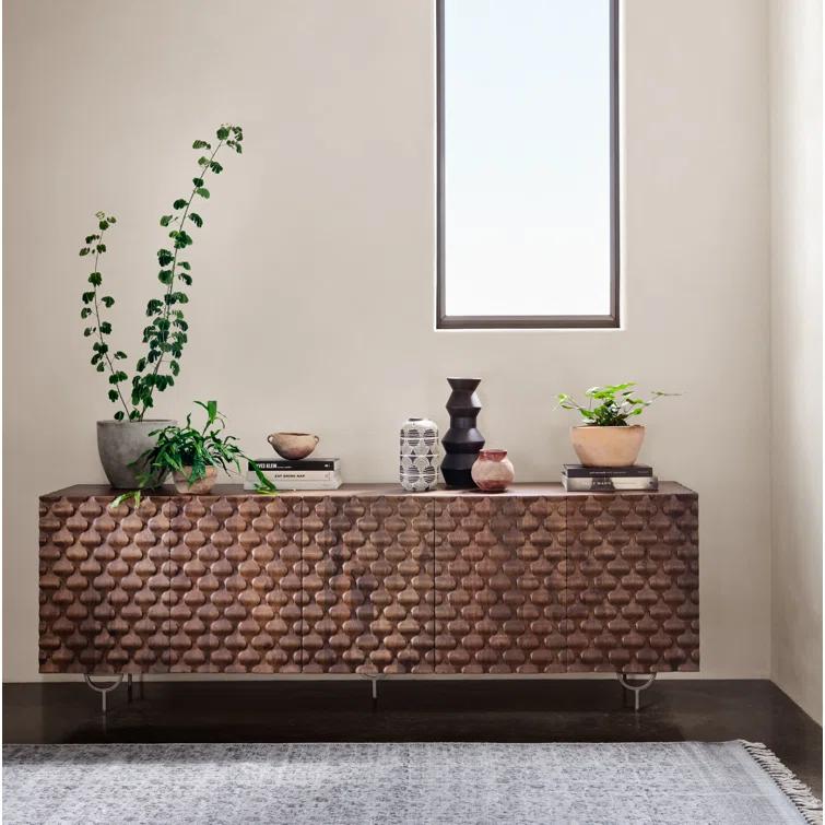 Antique Brown Mango Wood Media Console with Iron Legs