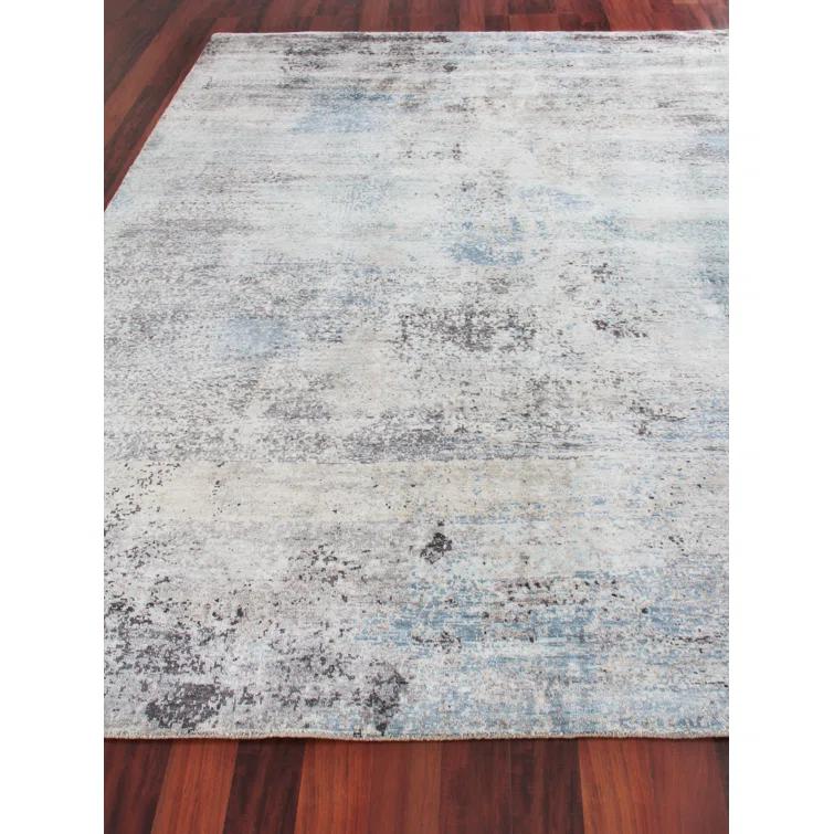 Hand-Knotted Ivory and Dark Gray Silk Abstract Rug