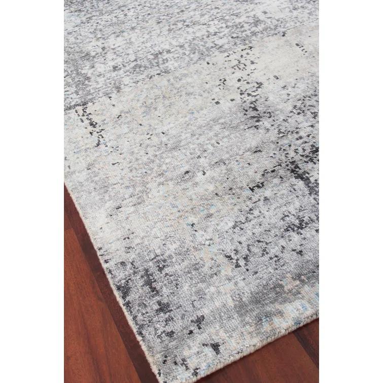 Hand-Knotted Ivory and Dark Gray Silk Abstract Rug