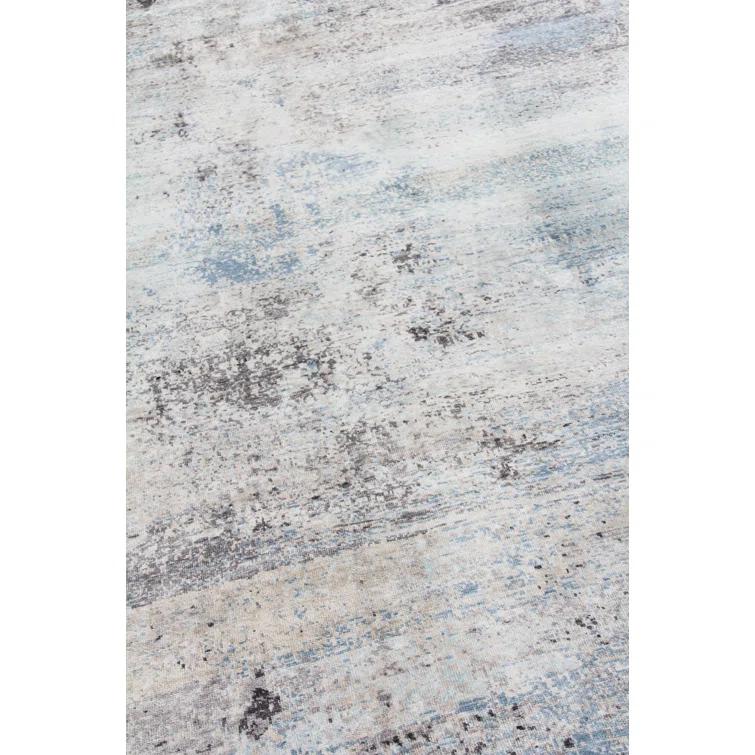 Hand-Knotted Ivory and Dark Gray Silk Abstract Rug