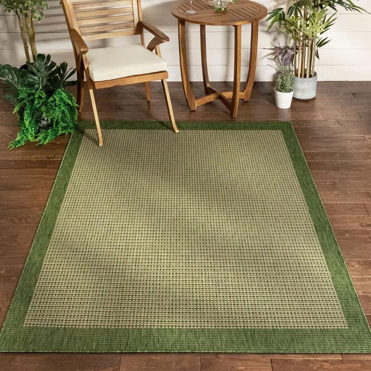 Marshanna Odin Solid Striped Border Indoor Outdoor Green Flatweave Rug