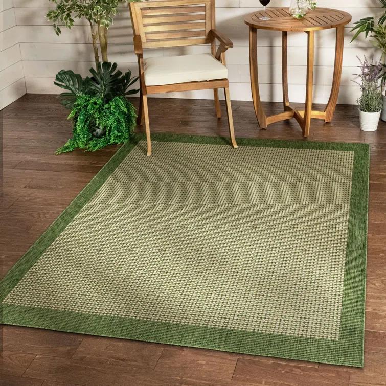 Marshanna Odin Solid Striped Border Indoor Outdoor Green Flatweave Rug