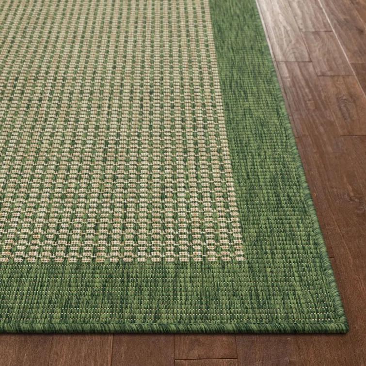 Marshanna Odin Solid Striped Border Indoor Outdoor Green Flatweave Rug