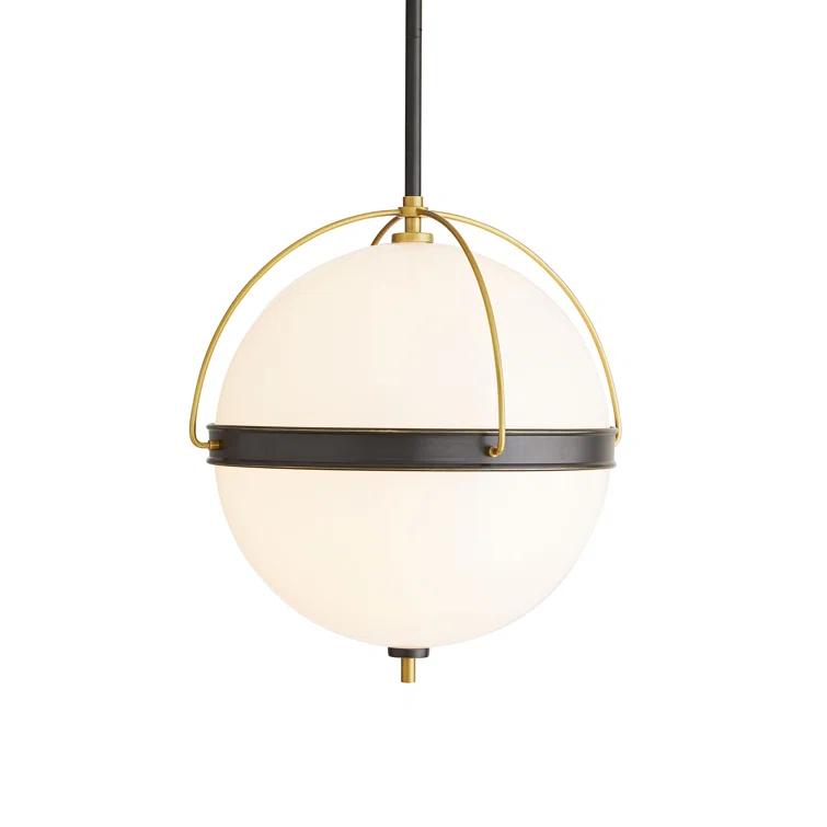 Opal Glass Globe Pendant with Antique Brass Piping 19"