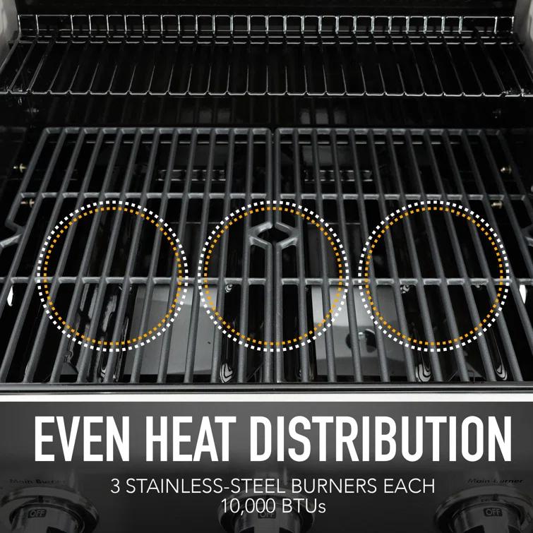 Kenmore 3-Burner Propane Gas Grill with Foldable Side Tables for Outdoor BBQ