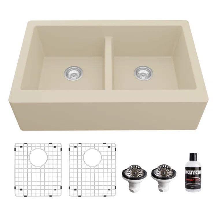 Karran Quartz 34'' X 21-1/4'' 50/50 Double Bowl Farmhouse/Apron Front Kitchen Sink Kit