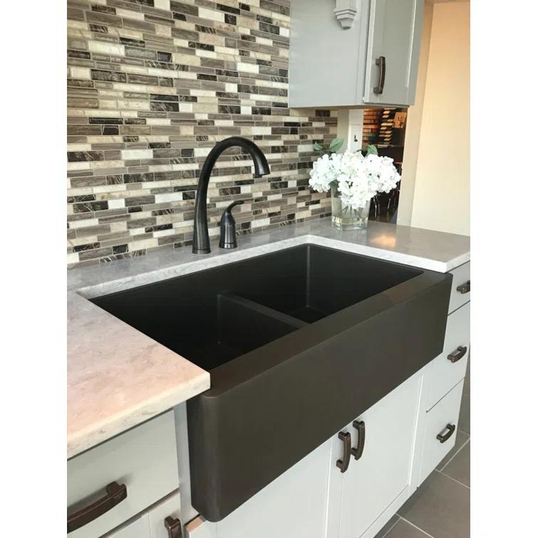 Karran Karran Quartz 34'' X 21-1/4'' 50/50 Double Bowl Farmhouse/Apron Front Kitchen Sink Kit QA-750-BR-PK1