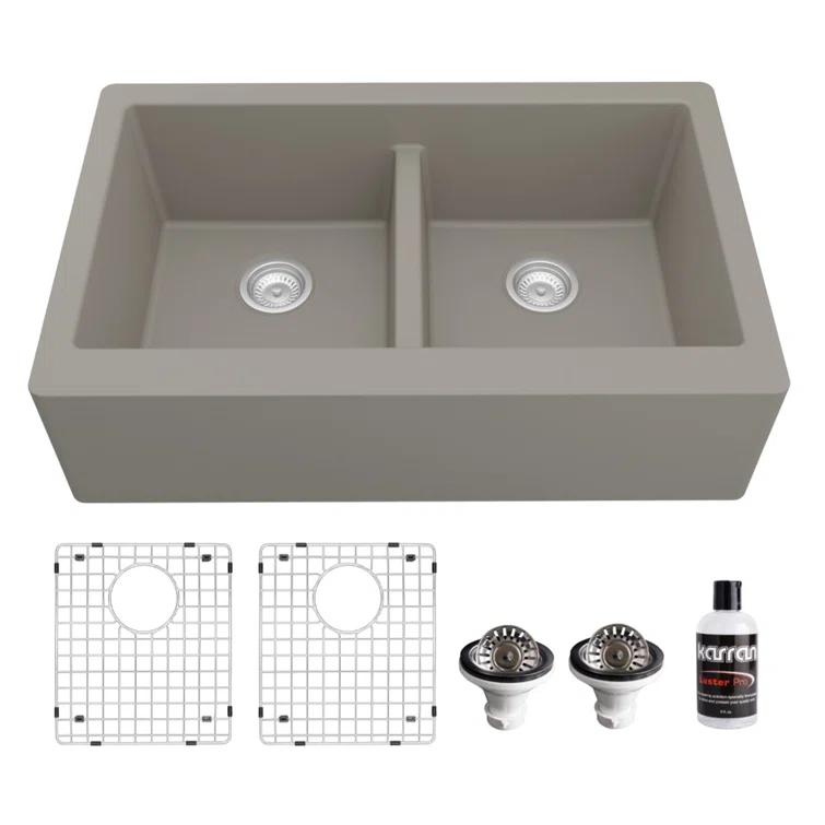Karran Quartz 34'' X 21-1/4'' 50/50 Double Bowl Farmhouse/Apron Front Kitchen Sink Kit
