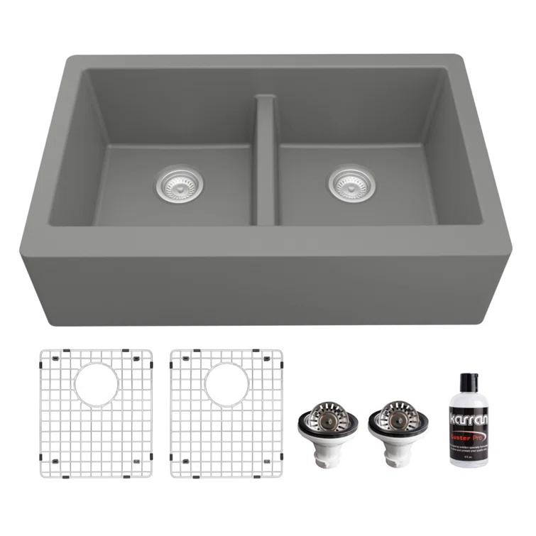 Karran Quartz 34'' X 21-1/4'' 50/50 Double Bowl Farmhouse/Apron Front Kitchen Sink Kit