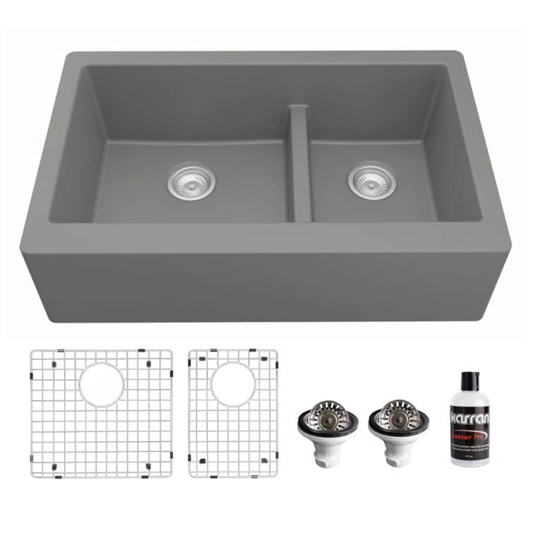 Karran Quartz 34'' X 21-1/4'' 60/40 Double Bowl Farmhouse/Apron Front Kitchen Sink Kit