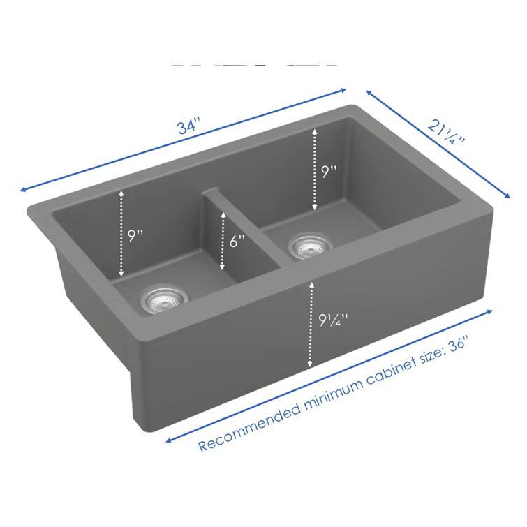 Karran Quartz 34'' X 21-1/4'' 50/50 Double Bowl Farmhouse/Apron Front Kitchen Sink Kit