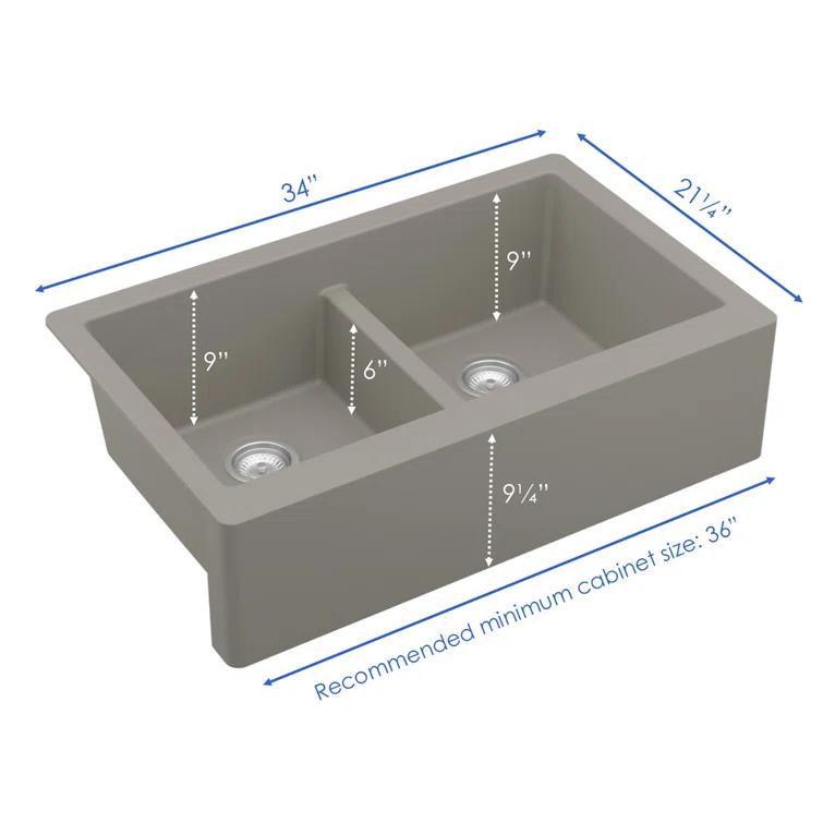 Karran Quartz 34'' X 21-1/4'' 50/50 Double Bowl Farmhouse/Apron Front Kitchen Sink Kit