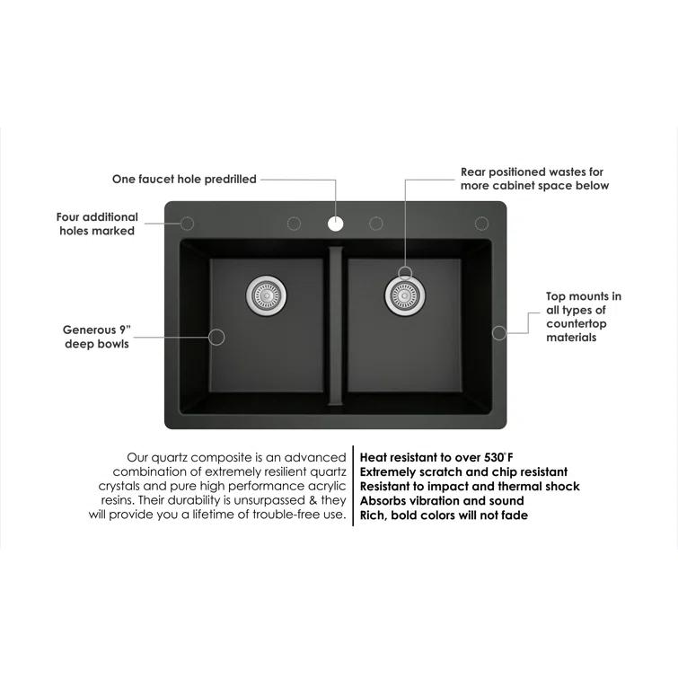 Karran Quartz 33'' X 22'' 50/50 Double Bowl Composite Drop-in Kitchen Sink