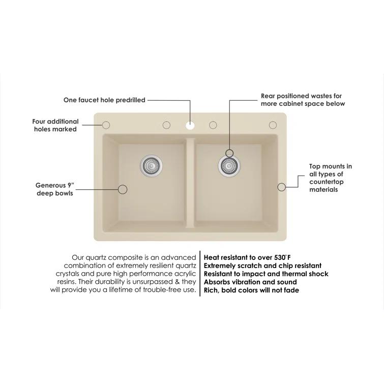 Karran Quartz 33'' X 22'' 50/50 Double Bowl Composite Drop-in Kitchen Sink