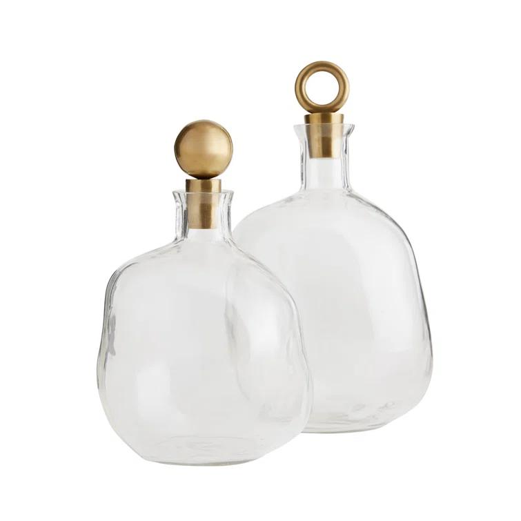 Frances Clear Glass and Brass 2-Piece Whiskey Decanter Set
