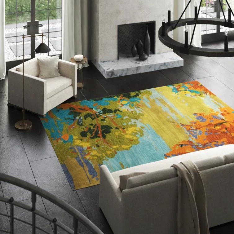 Landscape Floral Handmade Tufted Wool Teal/Yellow/Blue Area Rug