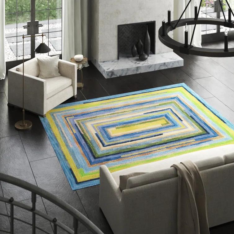 Concentric Geometric Handmade Tufted Wool Blue/Green/Yellow Area Rug