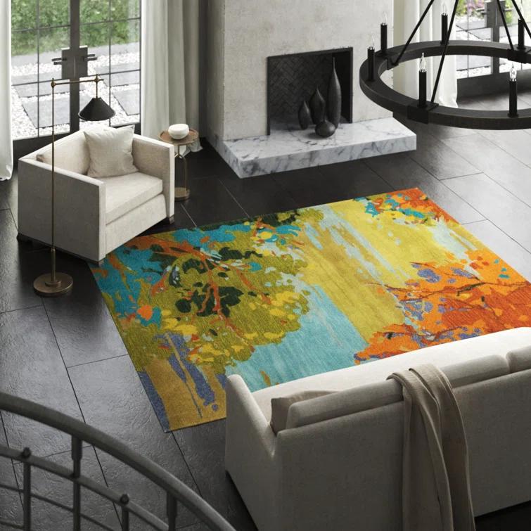 Landscape Floral Handmade Tufted Wool Teal/Yellow/Blue Area Rug