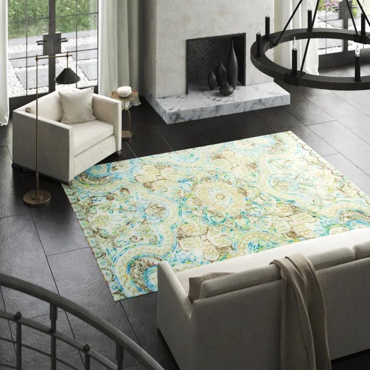 Agra Damask Handmade Tufted Wool Beige/Blue Area Rug