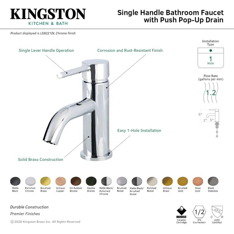 Kingston Brass Concord Single-Handle 1-Hole Deck Mount Bathroom Faucet with Push Pop-Up