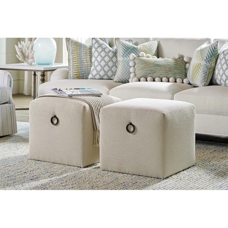 White Polyester Coastal Ottoman with Mahogany Frame