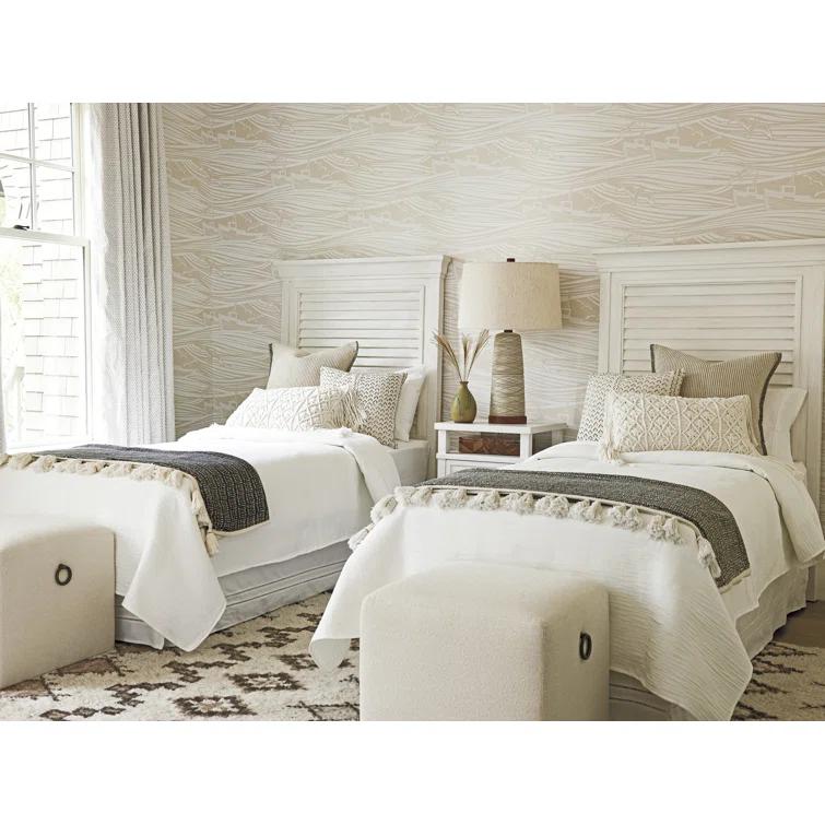 White Polyester Coastal Ottoman with Mahogany Frame