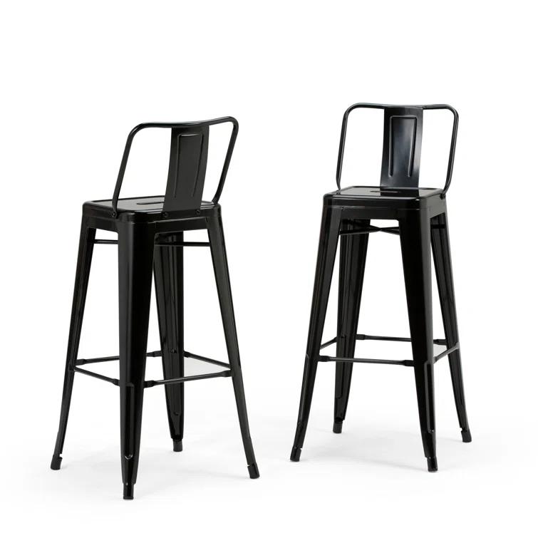 Simpli Home Rayne Metal Industrial Stool with Curved Back, Cross-Brace, and Footrest