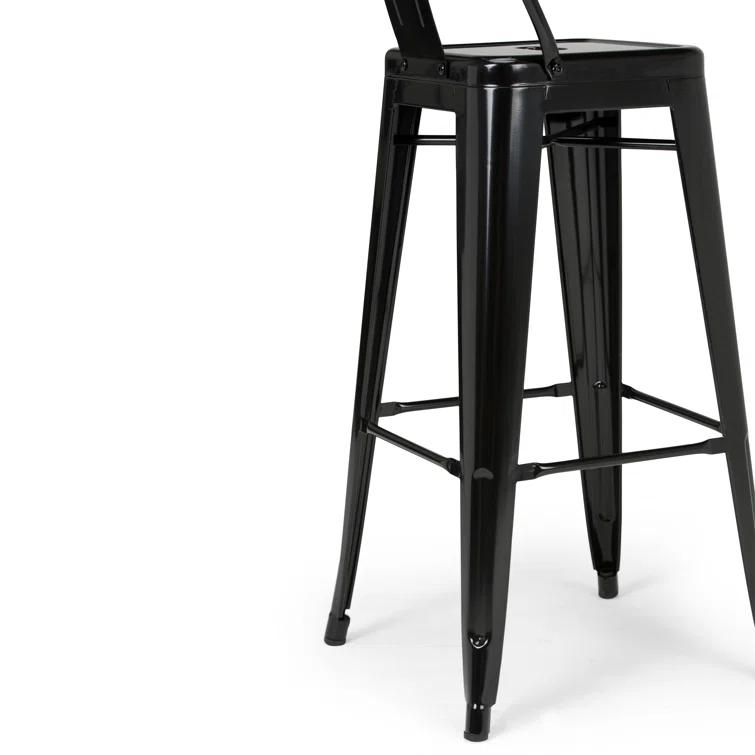Simpli Home Rayne Metal Industrial Stool with Curved Back, Cross-Brace, and Footrest
