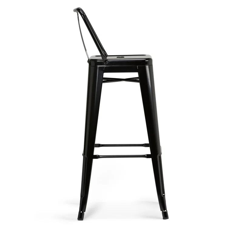 Simpli Home Rayne Metal Industrial Stool with Curved Back, Cross-Brace, and Footrest