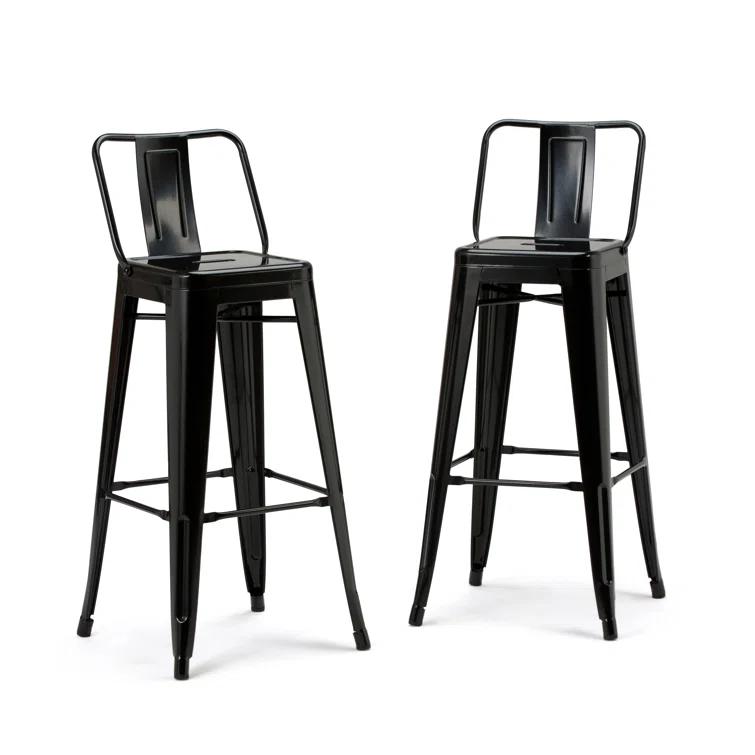 Simpli Home Rayne Metal Industrial Stool with Curved Back, Cross-Brace, and Footrest