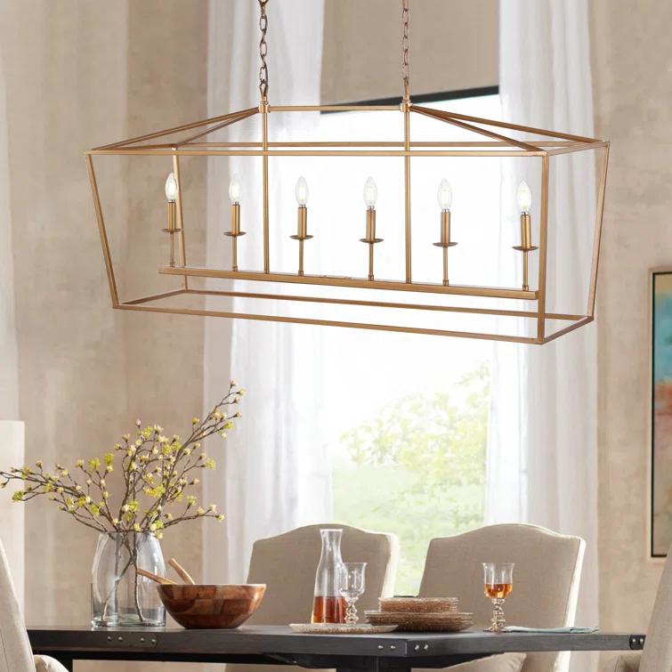 Pagoda 49" Linear 6-Bulb Lantern Metal LED Pendant, Antique Gold
