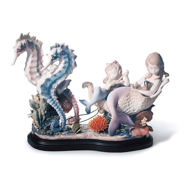 Handcrafted Porcelain Mermaid Figurine with Seahorses