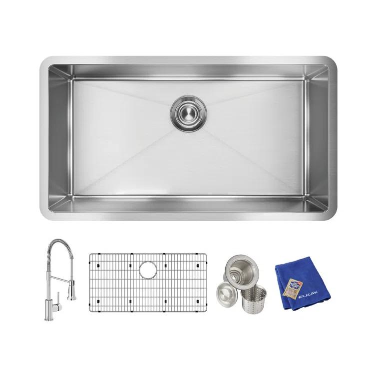 Elkay EFRU311610TFC Crosstown Stainless Steel 33" L x 18" W Undermount Kitchen Sink with Faucet