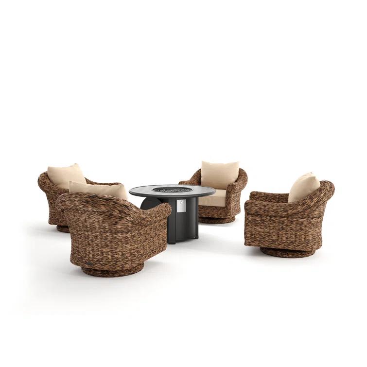 Winston Cayman Swivel Glider Lounge Chair and Fire Pit 5 Piece Rattan Seating Group with Sunbrella Cushions
