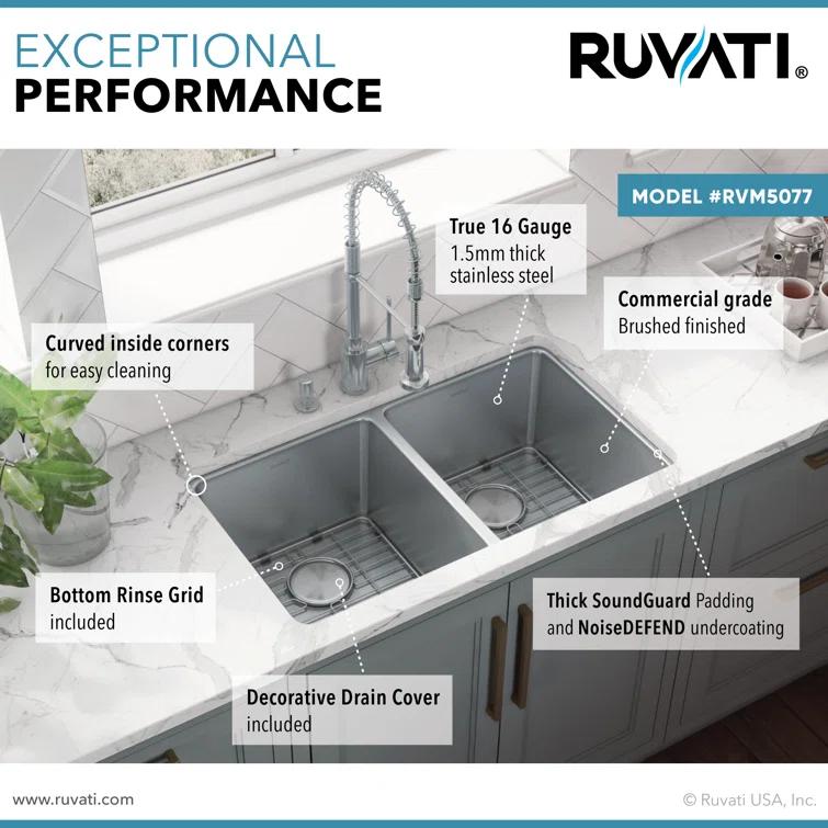 Ruvati RVM5077 Ruvati 28-inch Undermount Kitchen Sink 50/50 Double Bowl 16 Gauge Stainless Steel