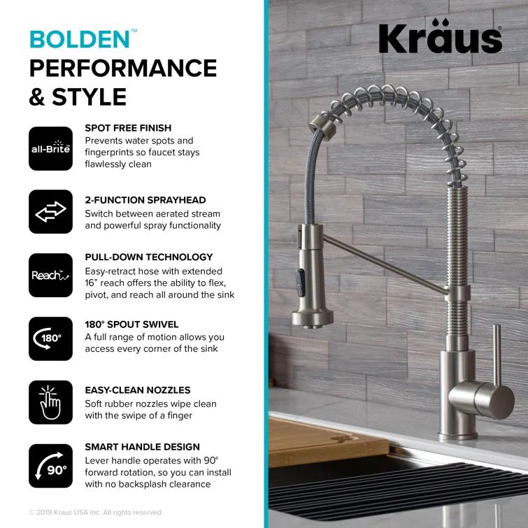 KRAUS Bolden Commercial Style 2-Function Single Handle Pull Down Kitchen Faucet with Soap Dispenser