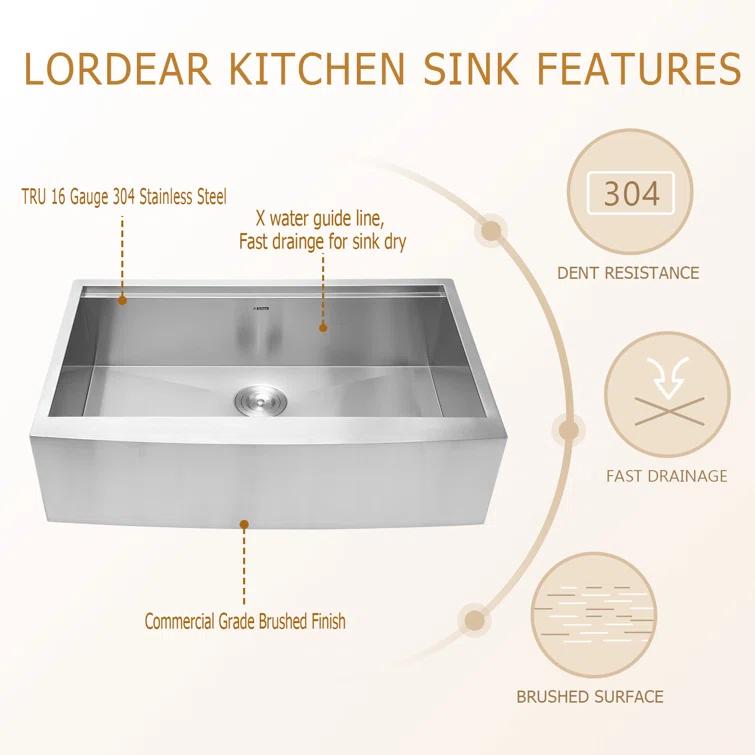 36 Farmhouse Sink Stainless Steel Kitchen Sink Apron Front Ledge Workstation Single Bowl Farm Sink