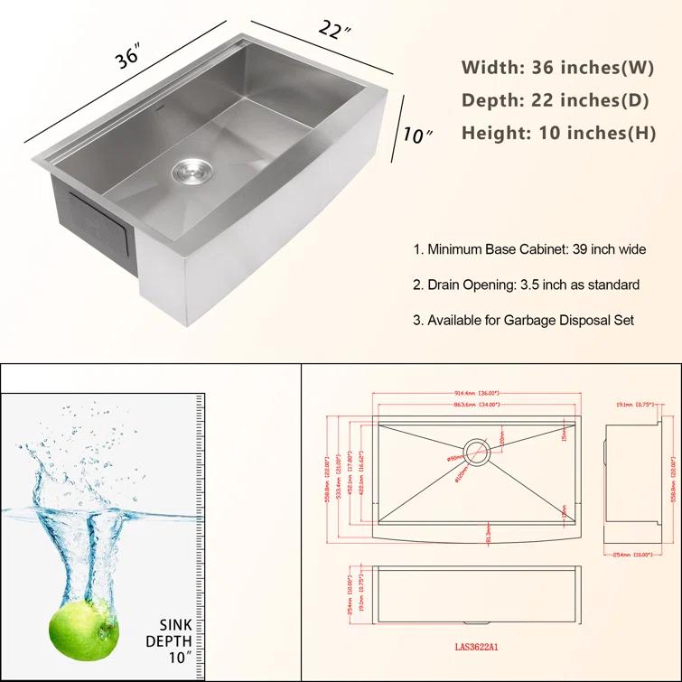 36 Farmhouse Sink Stainless Steel Kitchen Sink Apron Front Ledge Workstation Single Bowl Farm Sink