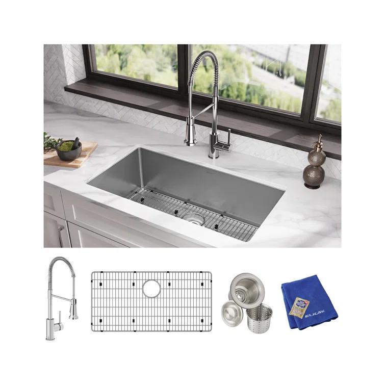 Elkay EFRU311610TFC Crosstown Stainless Steel 33" L x 18" W Undermount Kitchen Sink with Faucet