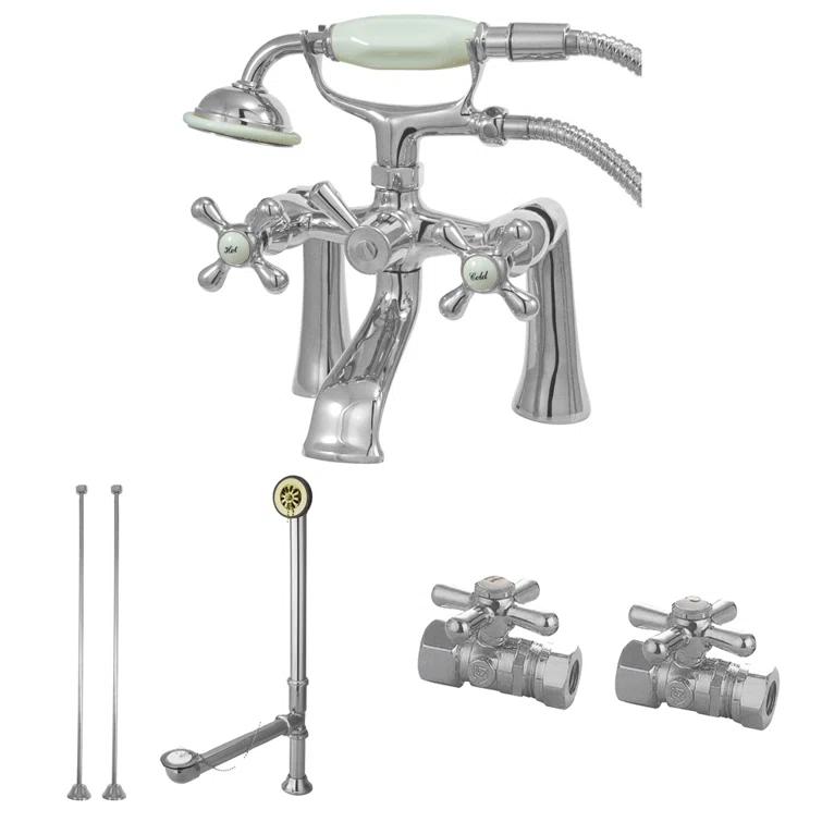 Kingston Brass Vintage Two-Handle 2-Hole Deck Mount Clawfoot Tub Faucet Package with Supply Line, Hand Shower and Tub Drain