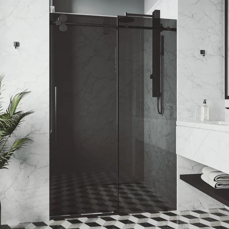 VIGO Elan 56-60" W x 74" H Sliding Frameless Shower Door with 3/8" Tinted Glass VG6041MBBLK6074