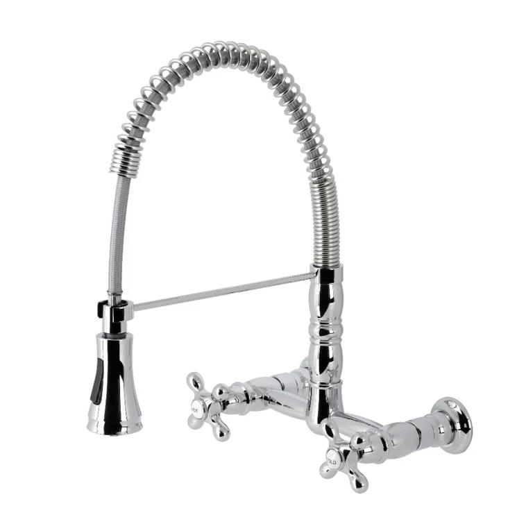 Kingston Brass Heritage Double-Handle 2-Hole Wall-Mount Pre-Rinse Bridge Kitchen Faucet
