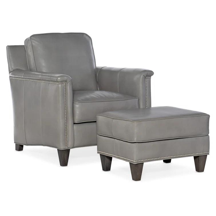 Aline Light Gray Genuine Leather Ottoman with Nickel Nailhead Detail