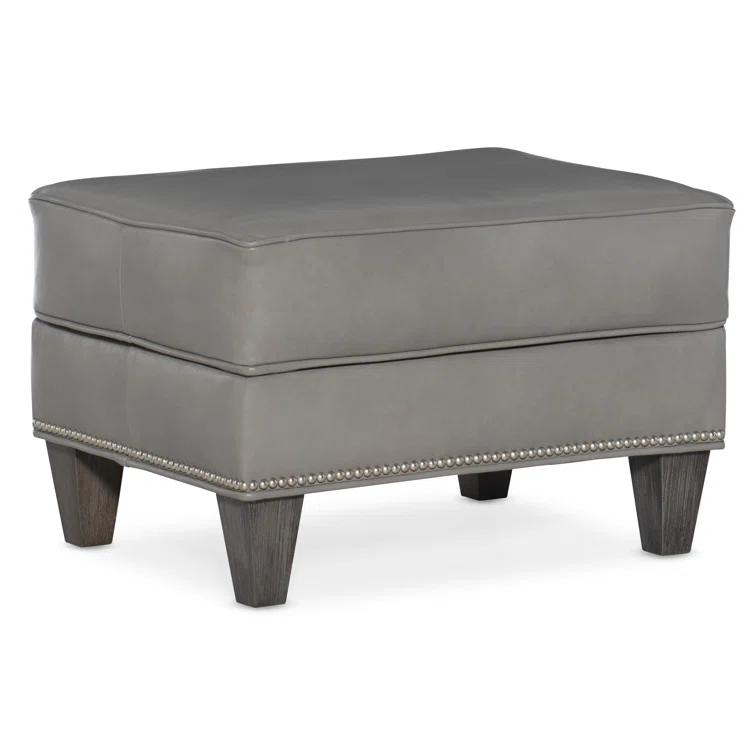 Aline Light Gray Genuine Leather Ottoman with Nickel Nailhead Detail
