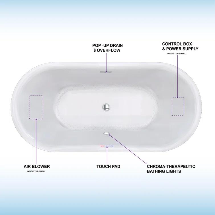 67" x 32" Freestanding Air Soaking Acrylic Bathtub with 208 Jets, 7 Colors LED Lights, Chromatherapy