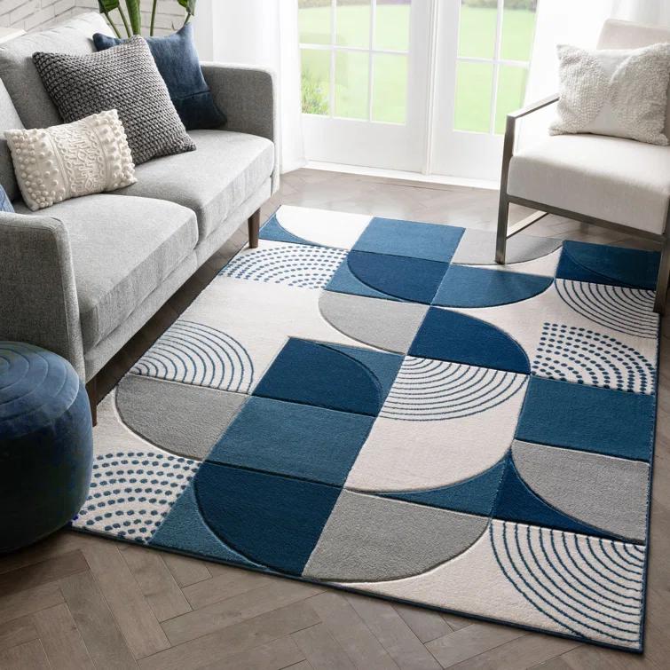 Clyte Blue Modern Geometric Boxes Lines 3D Textured Rug
