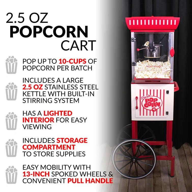 Nostalgia Nostalgia PC25RW 2.5-Ounce Kettle Popcorn Cart, Makes 10-Cups of Popcorn, 48-Inches Tall, Red/White