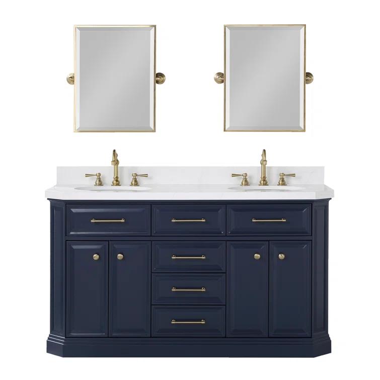 Water Creation Palace 60" Carrara Quartz Countertop Bath Vanity in Monarch Blue with Mirror